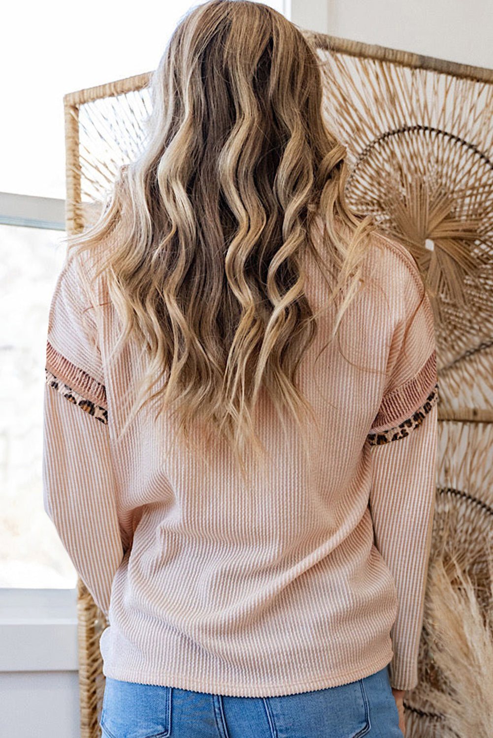 Beige Twist Ribbed Leopard Color Block Detail Drop Shoulder Long Sleeve Top