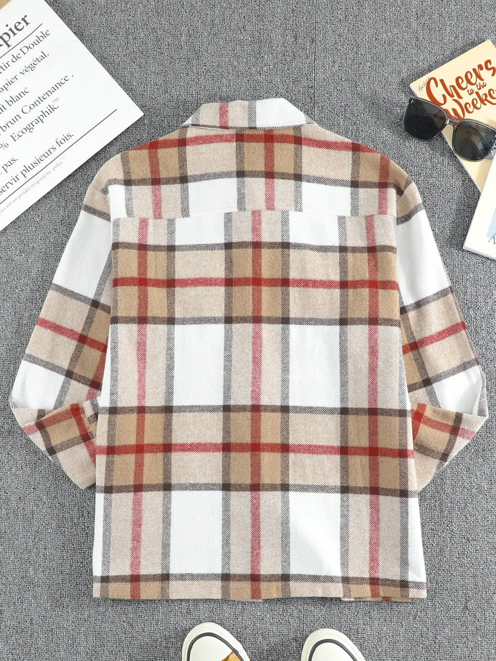 Khaki Plaid Print Sheath Button-Up Coat with Pockets