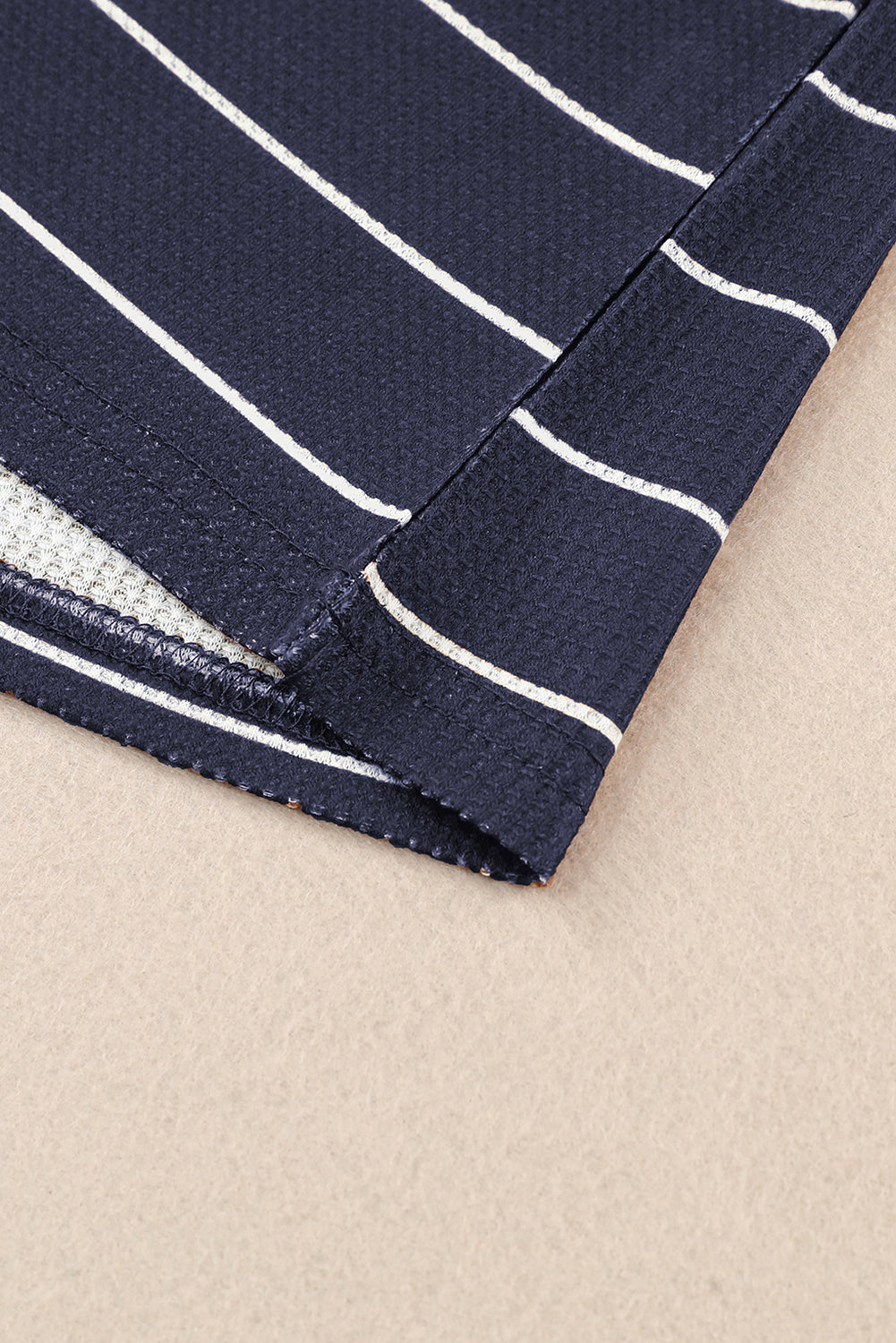 Navy Blue Striped Color Block Buttoned Waffle Knit Shirt