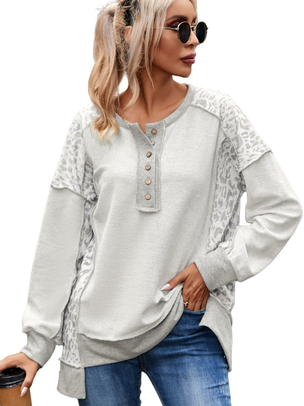 Leopard Patchwork Gray Buttoned Neck Pullover Sweatshirt