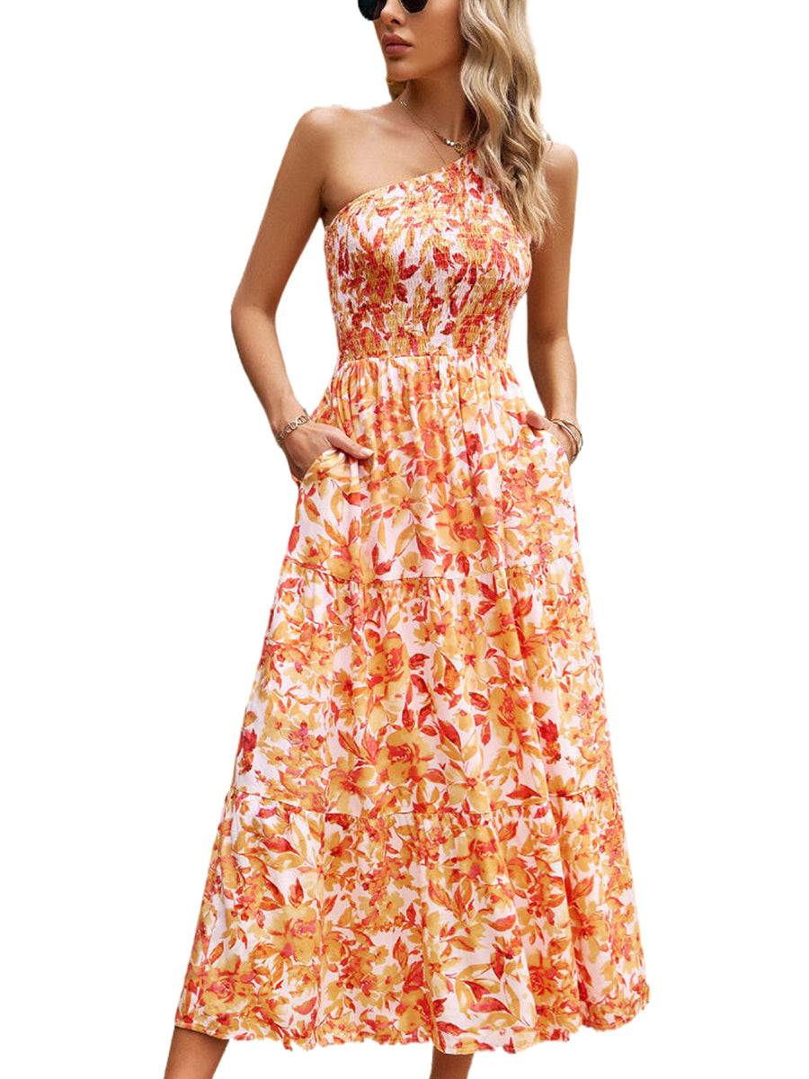 Midi Dresses - Elegant Slanted Shoulder Print Midi Dress - MsDressly