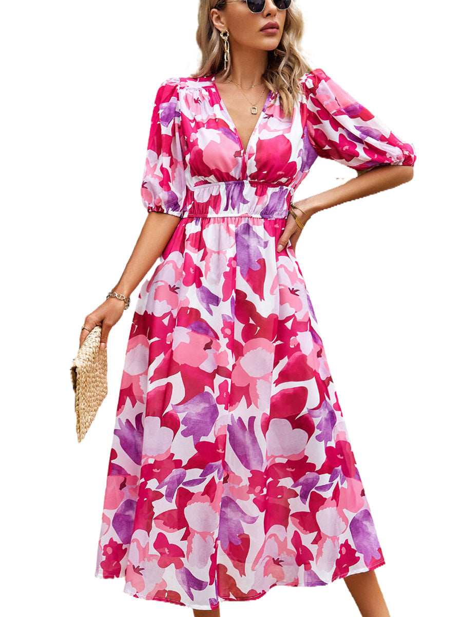 Temperament Print Waist V Neck Midi Dress