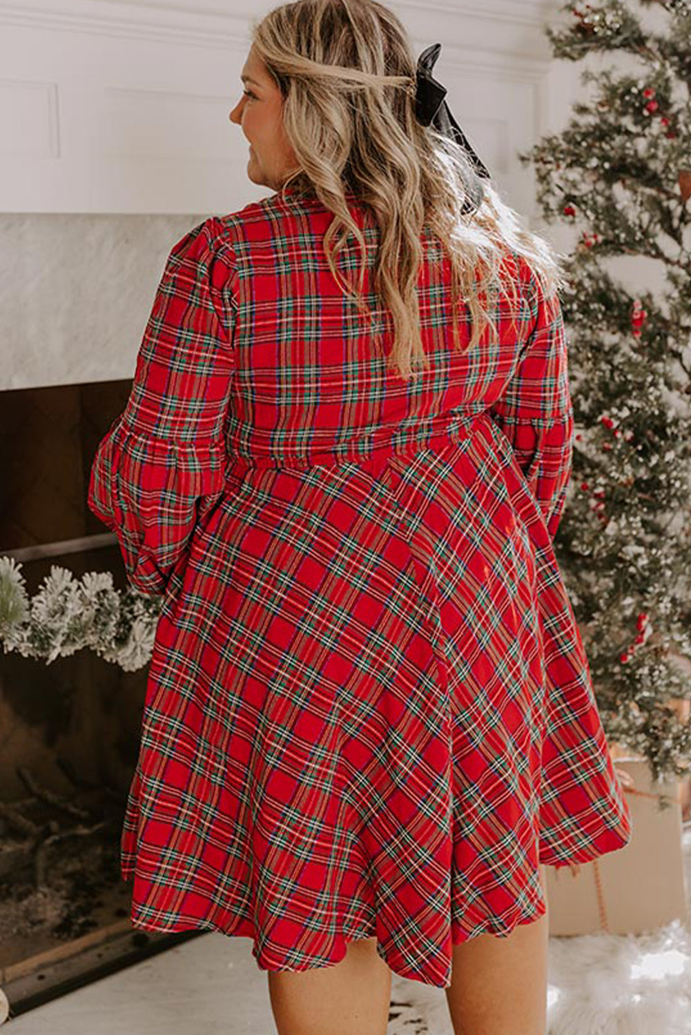 Red Plus Size Plaid Half Button Long Sleeve Holiday Dress
