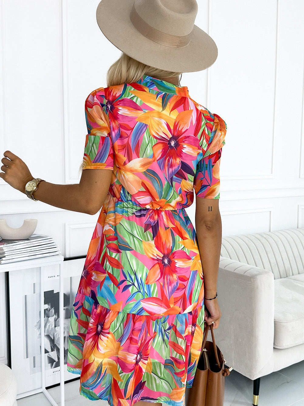 Tropical Print Half Sleeve Casual Dress