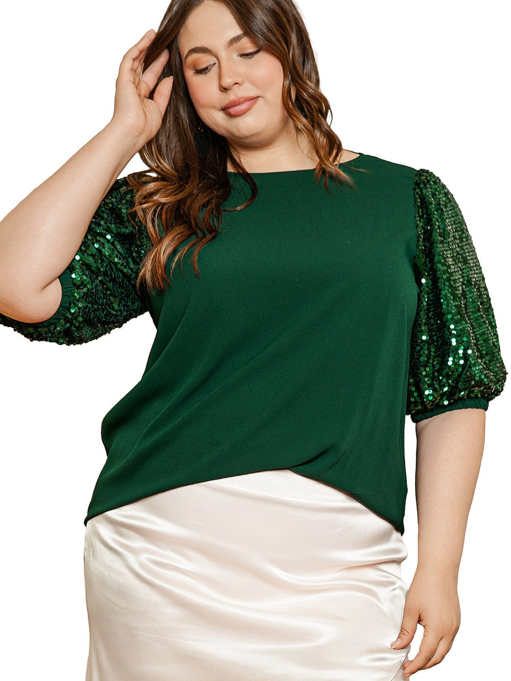 Blackish Green Plus Size Sequin Short Puff Sleeve Top