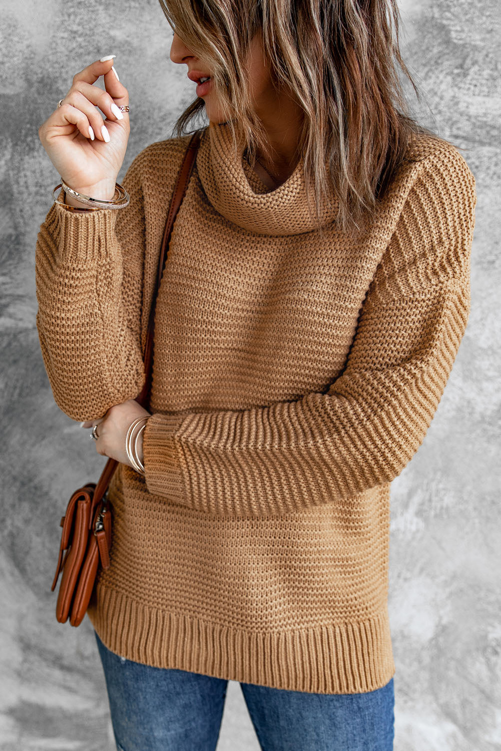Khaki Warm and Cozy Turtleneck Sweater with Long Sleeves