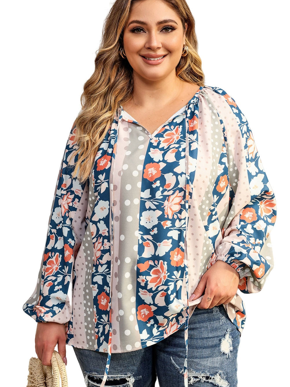 Multicolor Plus Size Mixed Print Split Neck Blouse