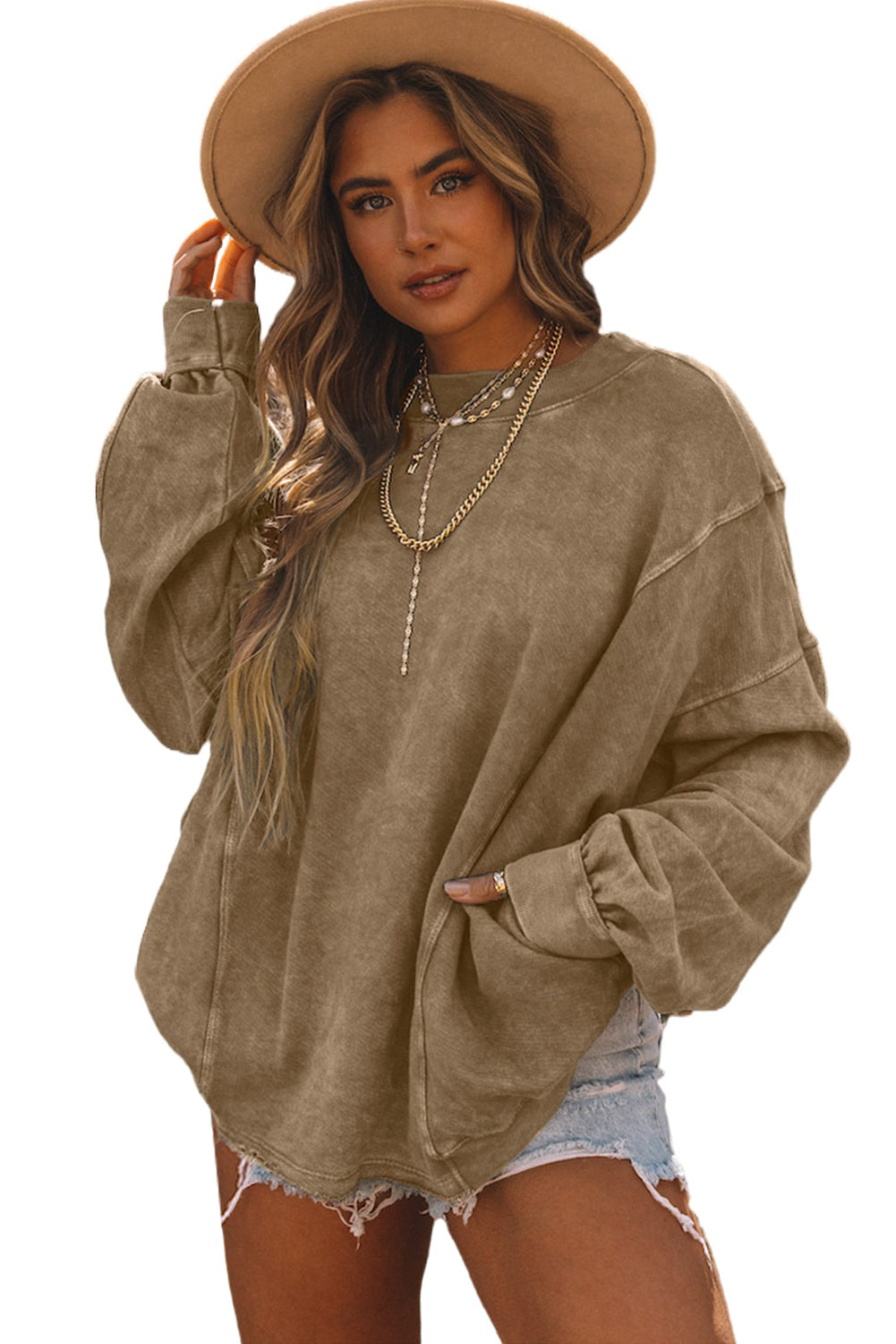 Khaki Twist Back Exposed Seam Oversized Pullover Sweatshirt