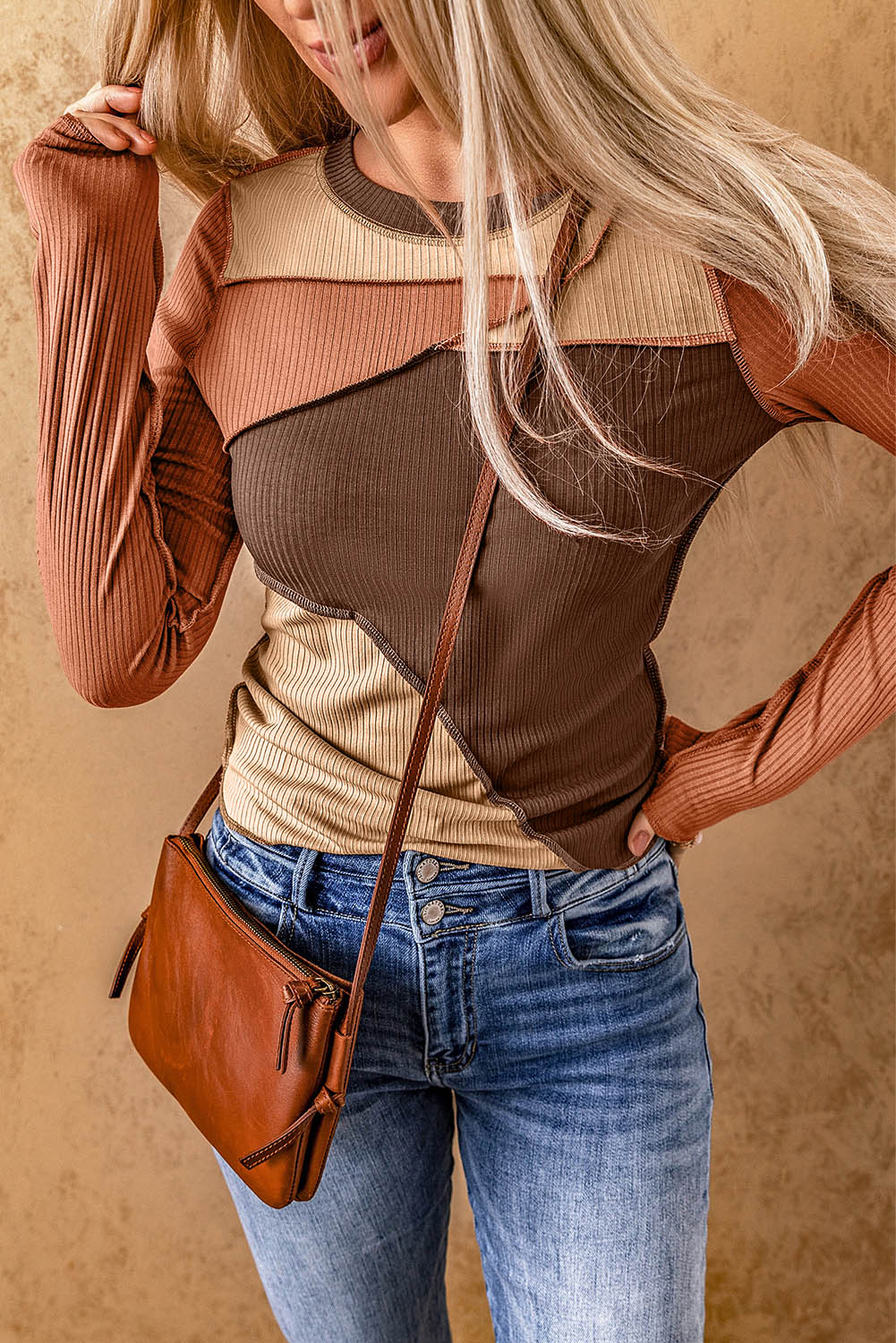 Knit Top with Exposed Seam Detail in Brown Color Block