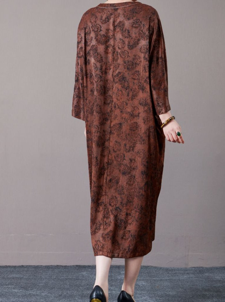 Vintage-Inspired Brown Floral Maxi Dress