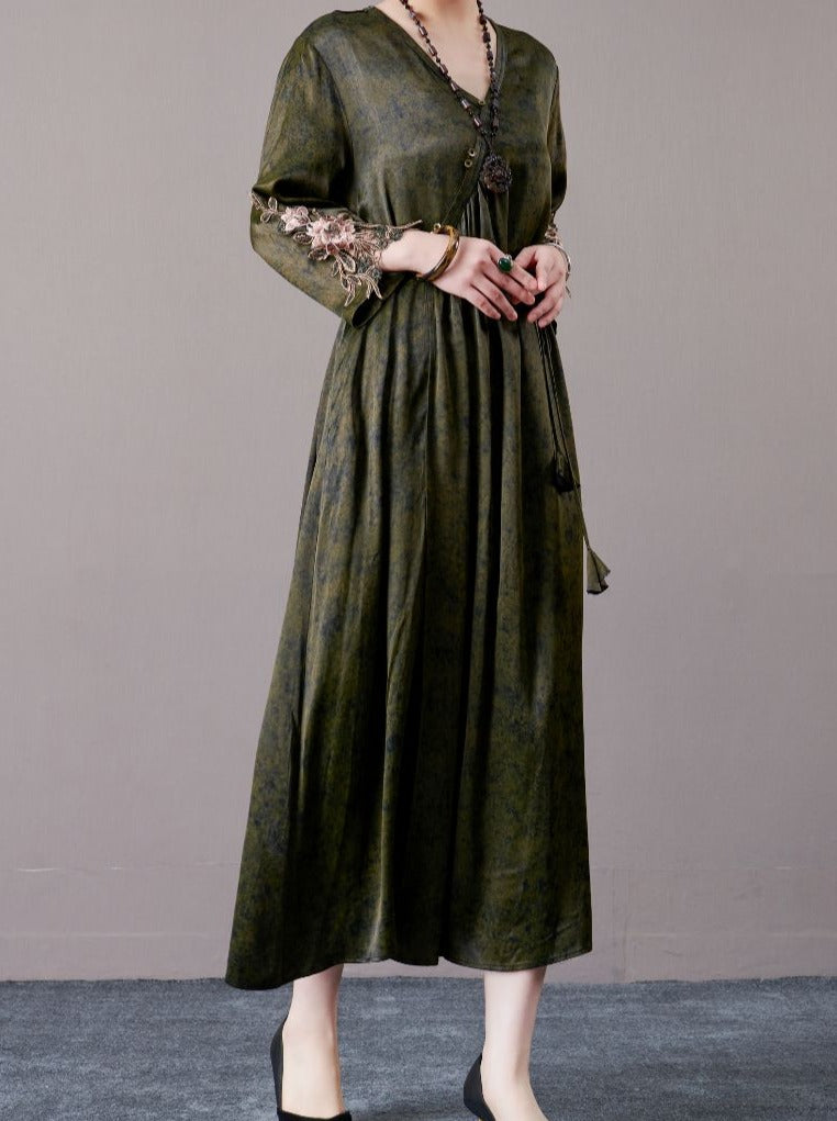 Embroidered Sleeves Rust Brown Maxi Dress