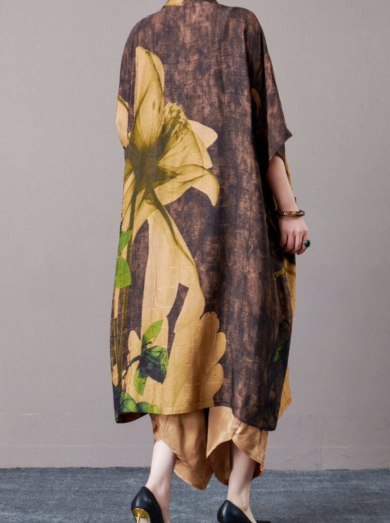 Bohemian Open-Front Long Kimono with Artistic Print