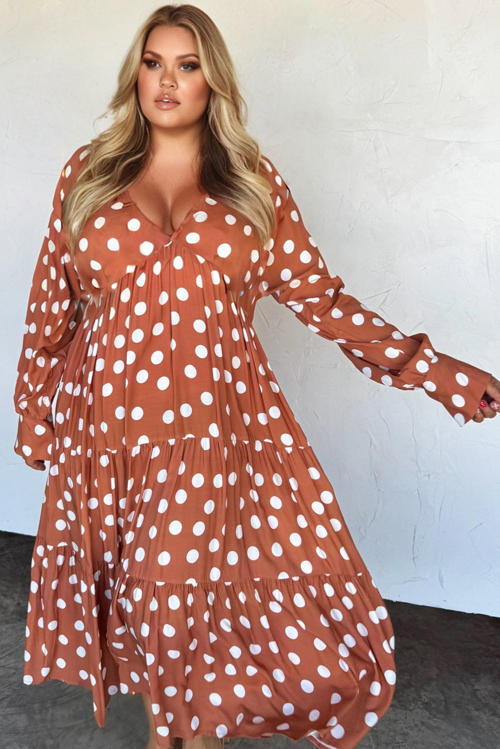 Orange Plus Size Polka Dot Tiered V Neck Long Dress