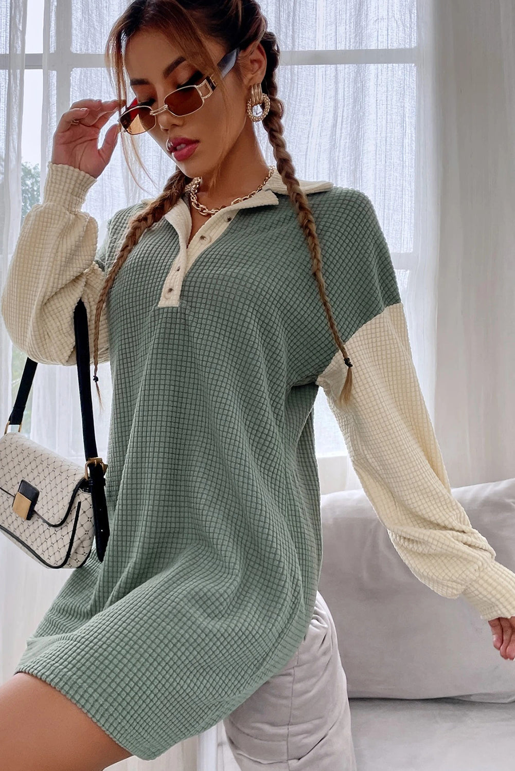 Green Bay Lattice Textured Color Block Patchwork Long Sleeve Button Collared Mini Dress