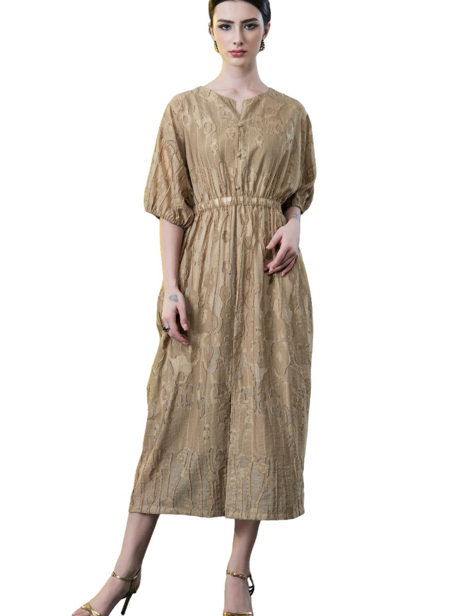 Rust Textured Midi Dress with Cinched Waist