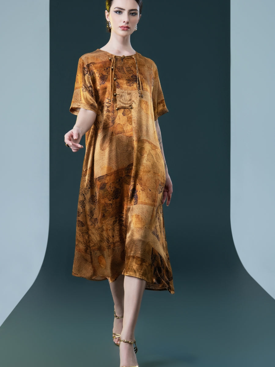 Natural Print Tie-Neck Midi Dress