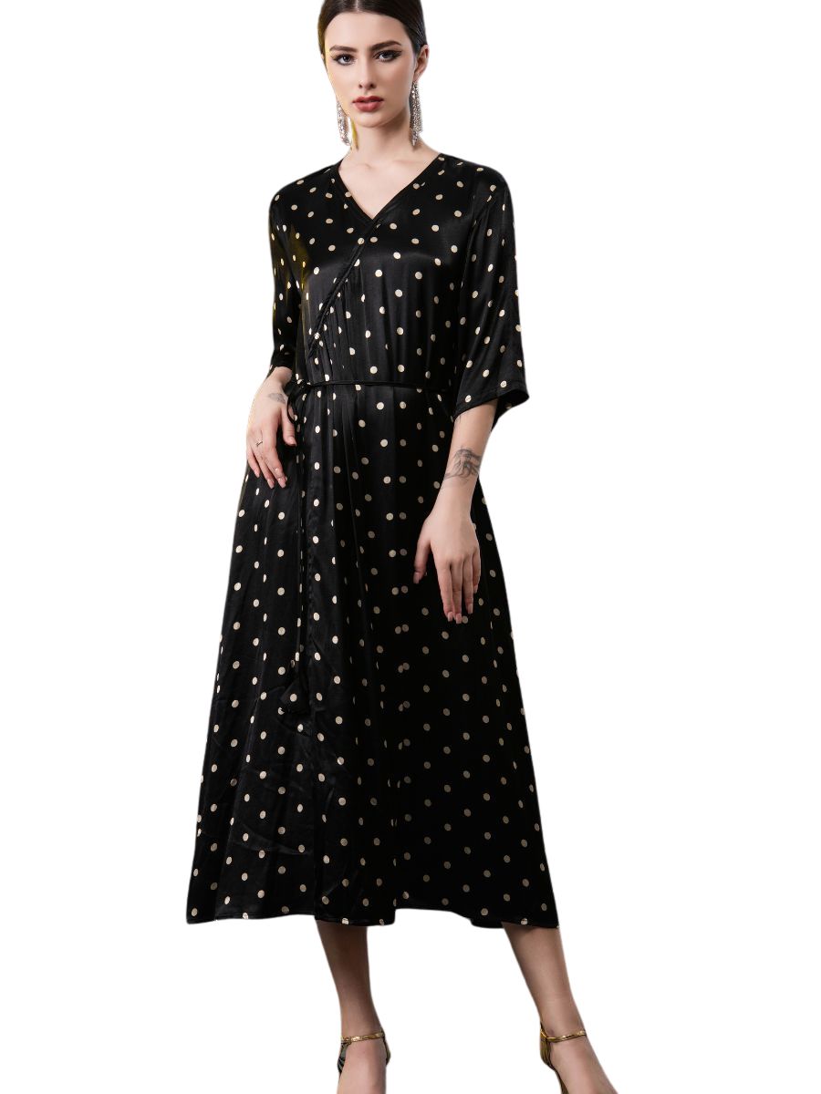 Black Polka Dot Wrap Dress with V-Neck