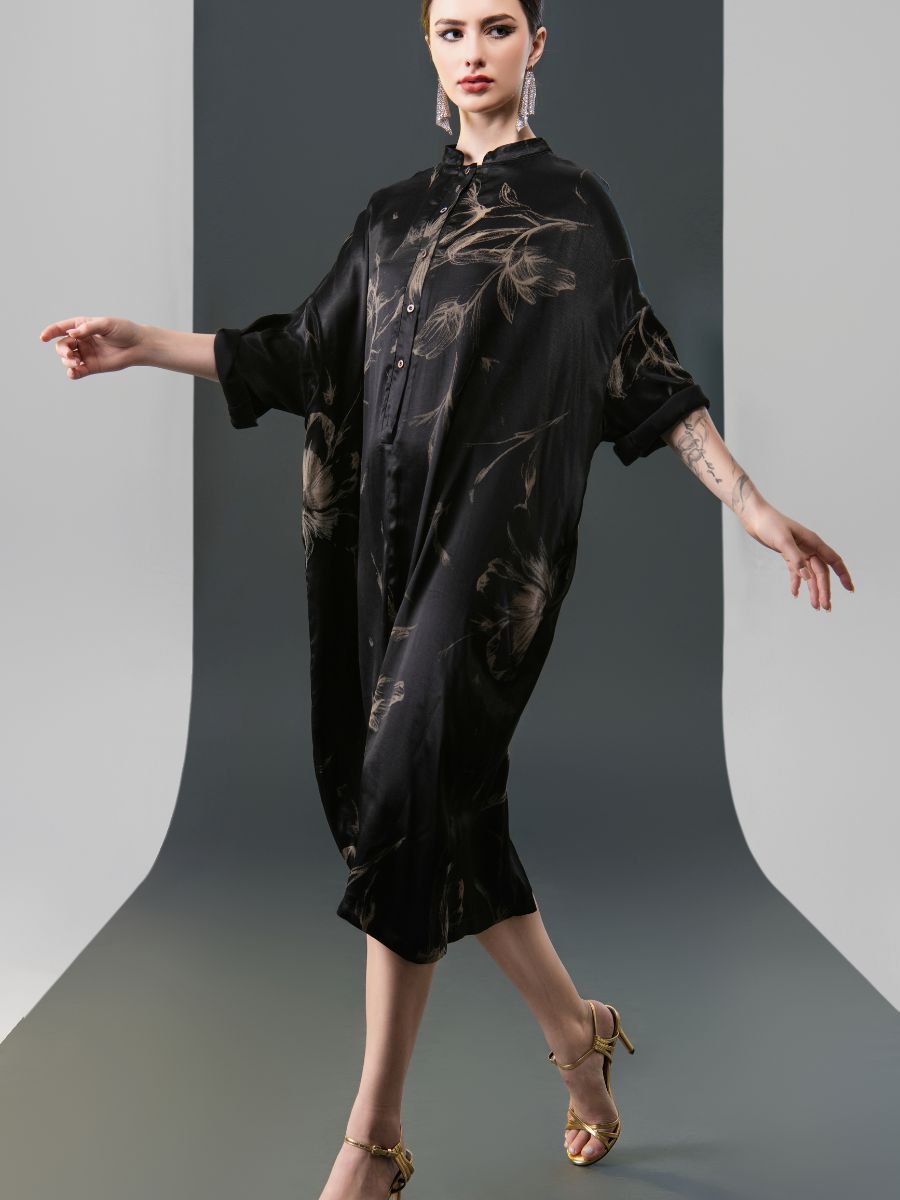 Black Satin Floral Print Kaftan Dress