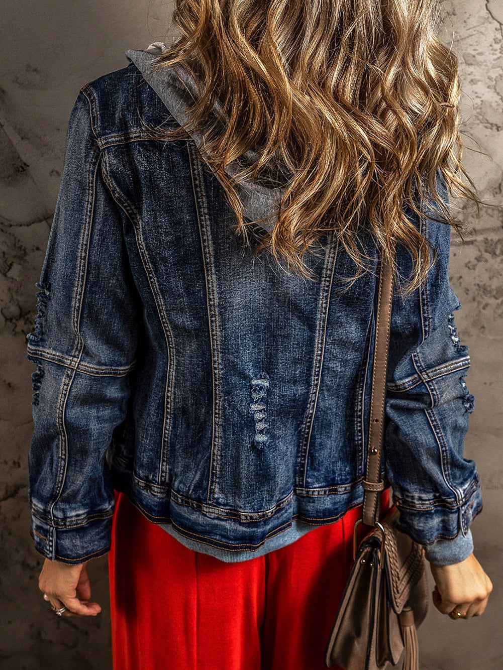 Layered Dark Blue Hooded Zip-Up Denim Jacket with Distressed Detail