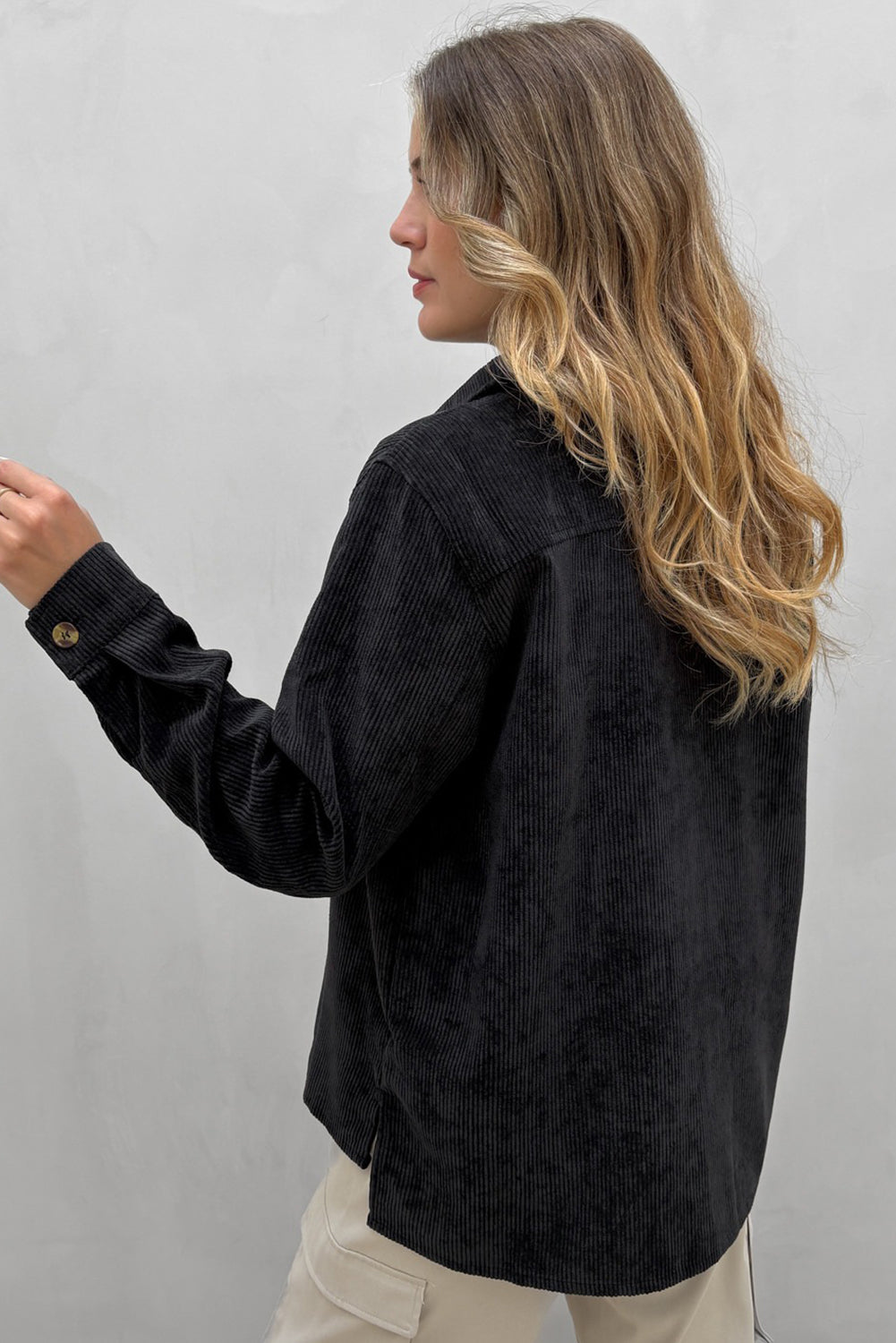 Black Button Flap Pocket Corduroy Shacket