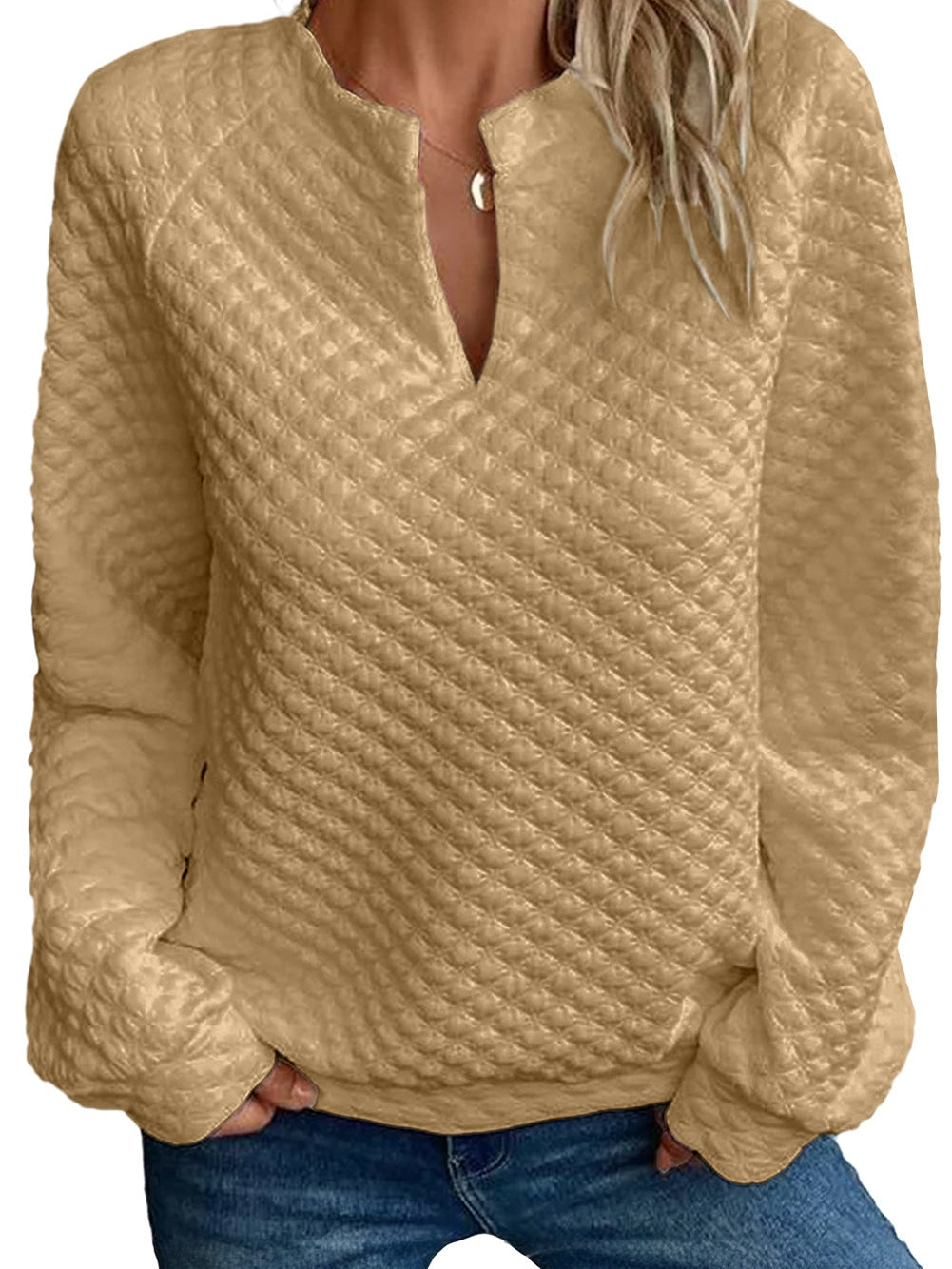 Khaki Textured Split Neck Quilted Top