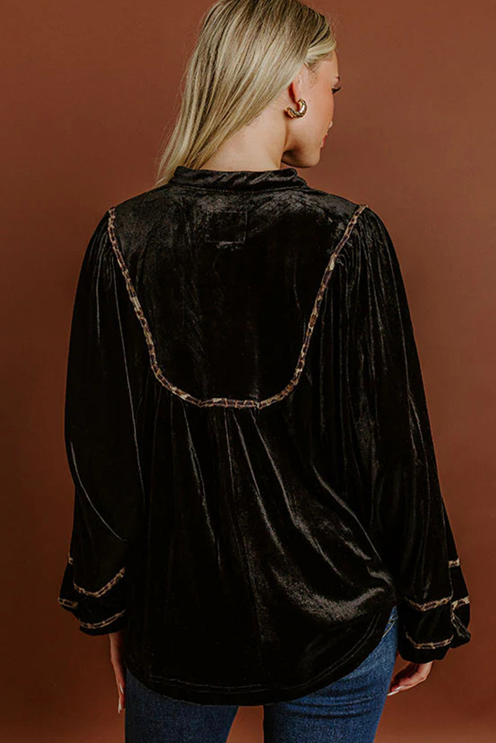 Black Velvet Notched Neck Leopard Trim Long Puff Sleeve Top