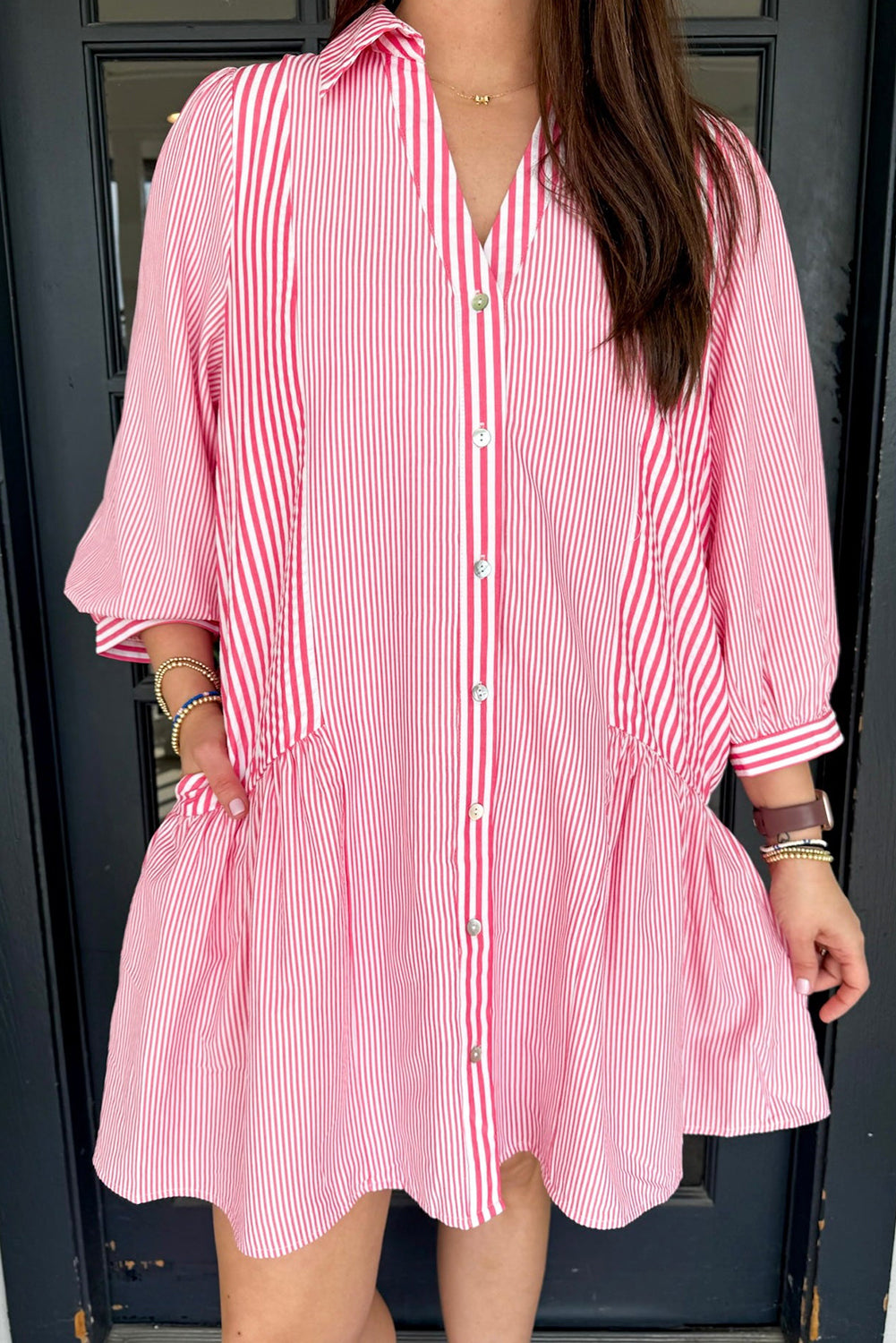 Pink Stripe Long Sleeve Button Front Ruffled Hem Plus Size Mini Shirt Dress