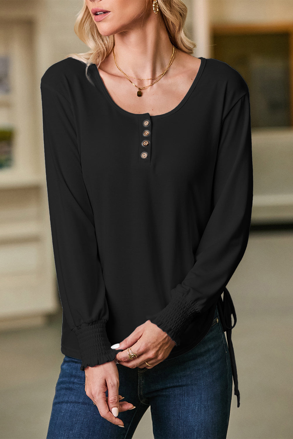 Black U Neck Smocked Cuffs Side Drawstring Henley Top