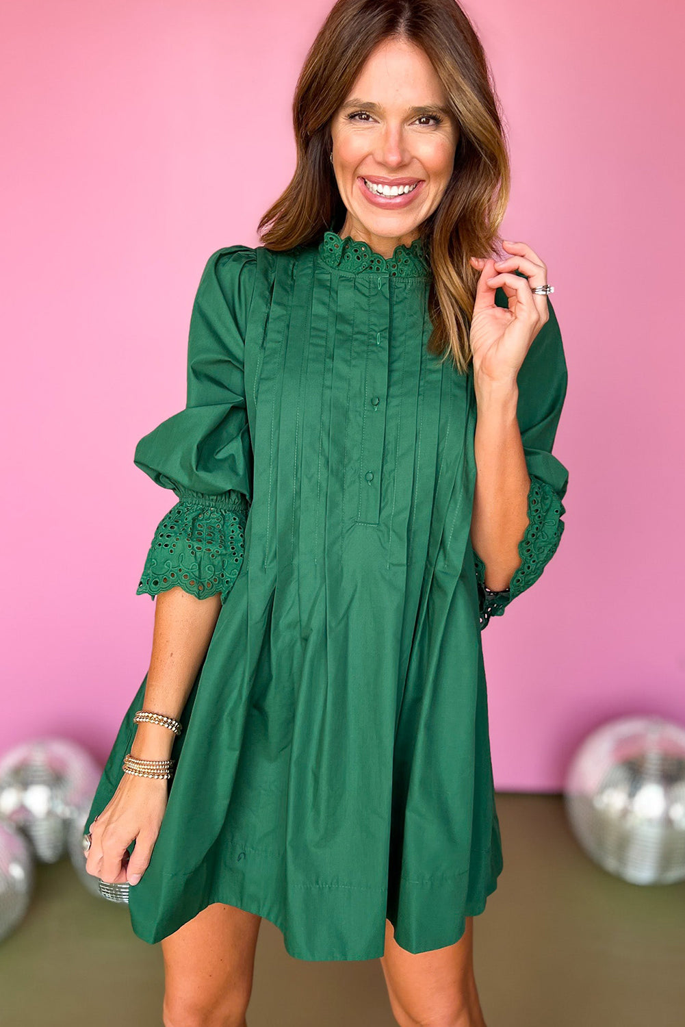 Dark Green Eyelet Embroidered Patchwork Pleated Detail 3/4 Sleeve Mini Dress