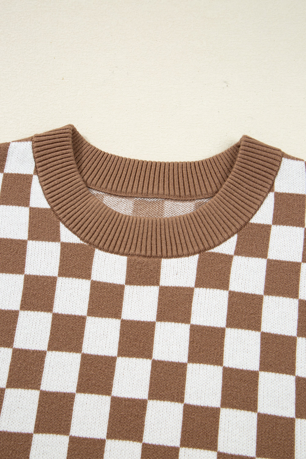 Brown Checkered Contrast Edge Crewneck Plus Size Sweater