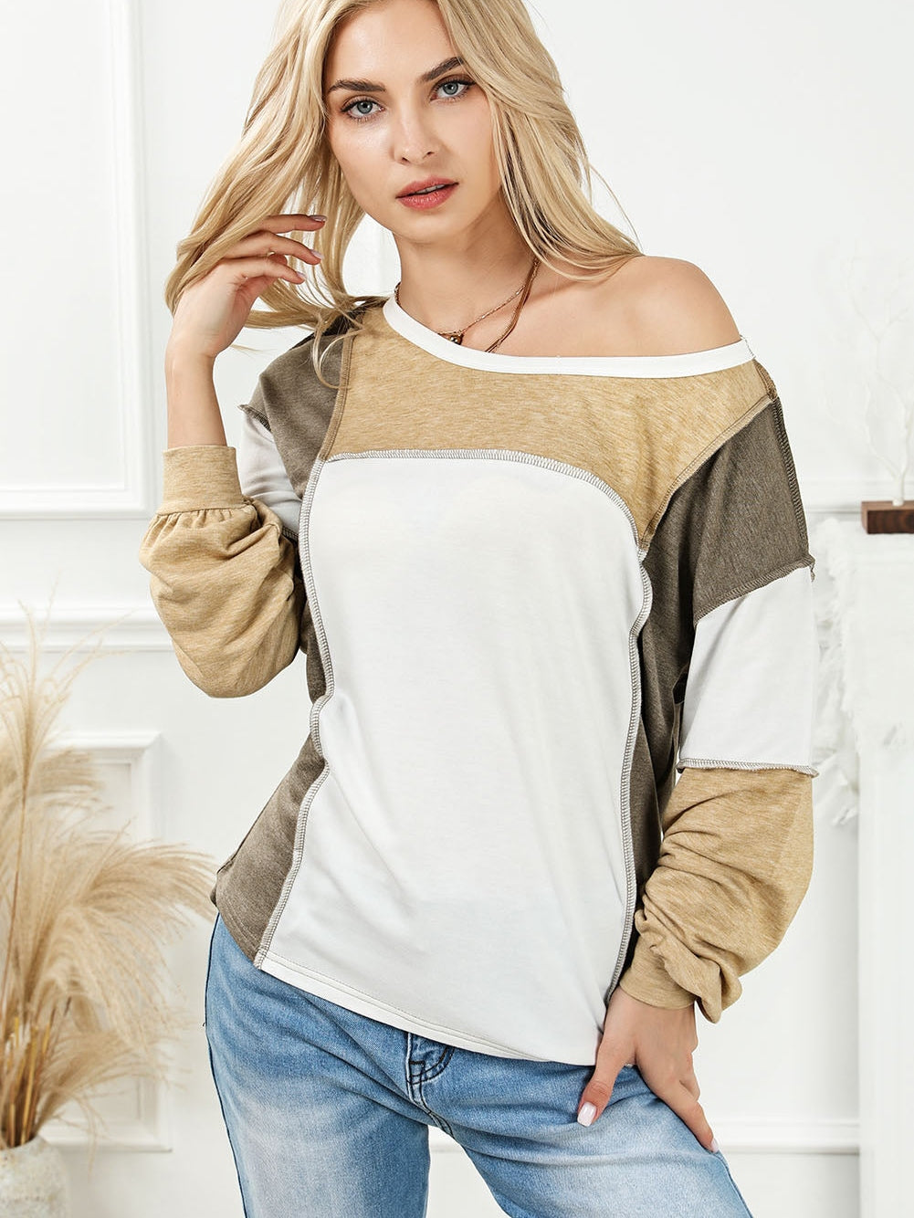 Khaki Patchwork Color Block Knit Top