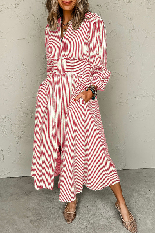 Red Stripe V Neck Zip Front Cinched High Waist Midi Dress