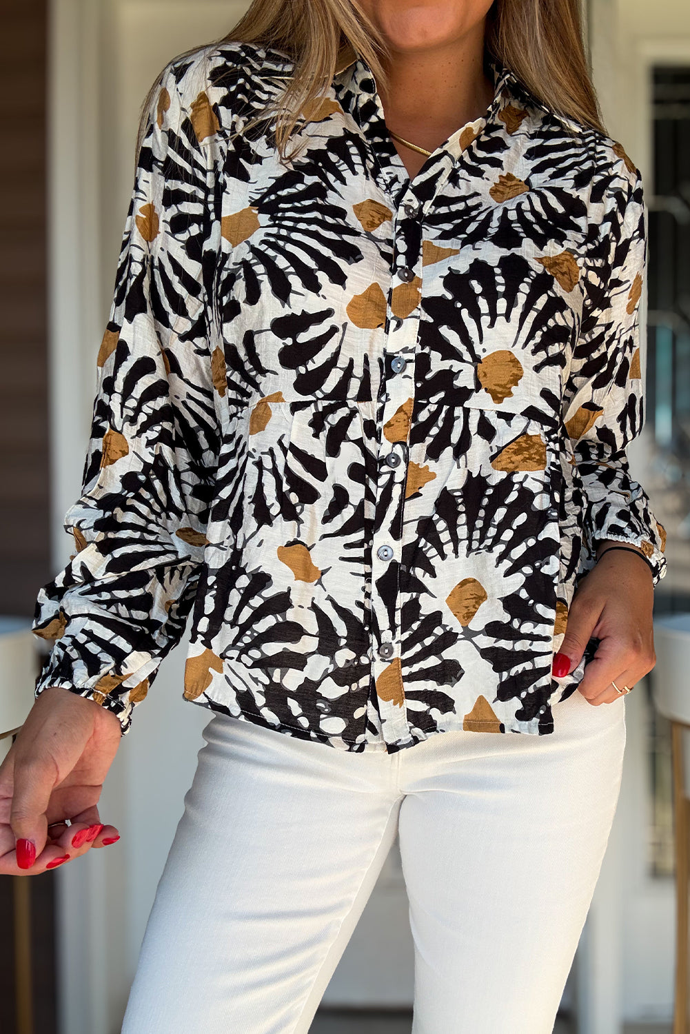Black Abstract Floral Print Ruffle Hem Long Sleeve Shirt