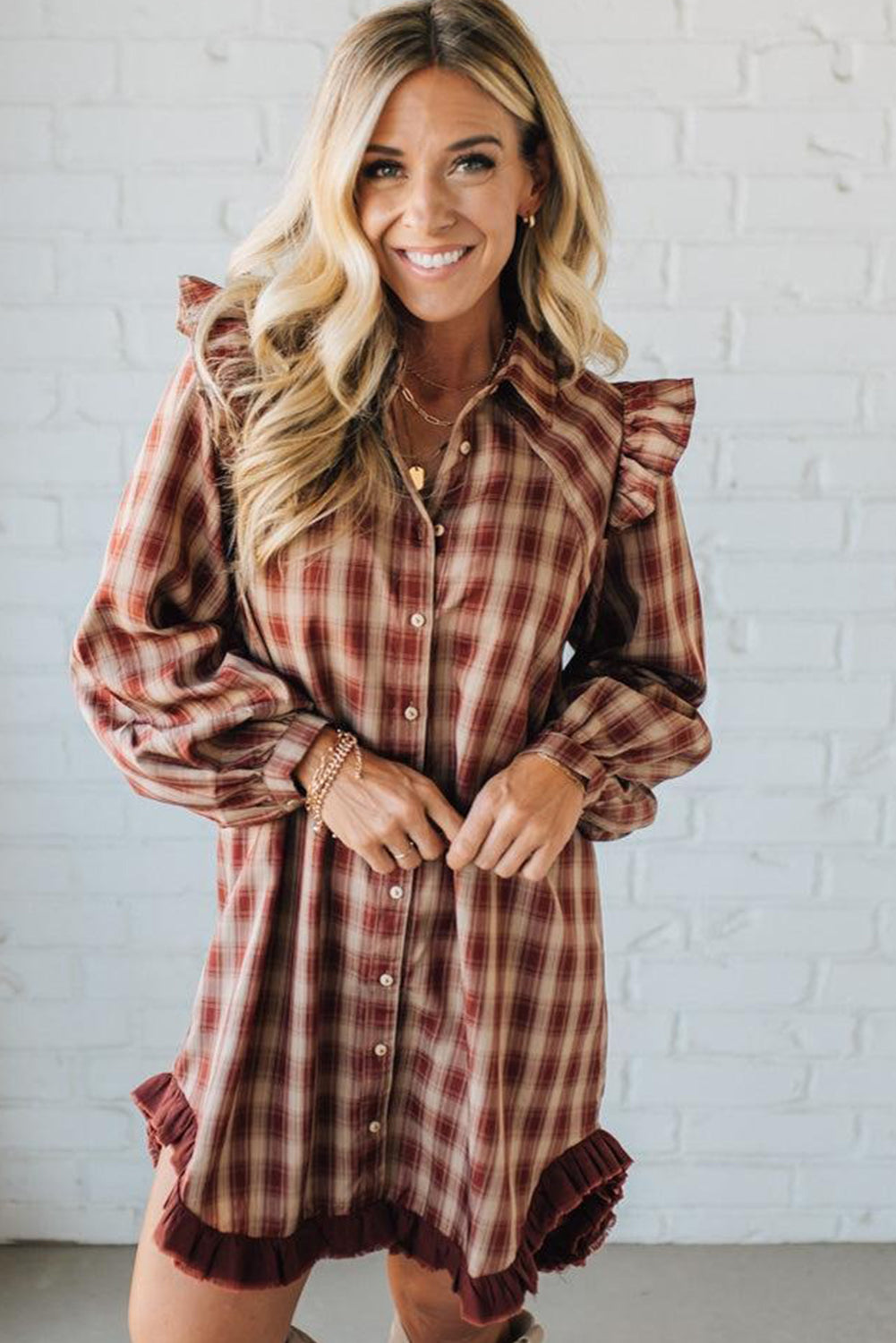Red Plaid Print Ruffled Long Sleeve Patchwork Hem Mini Shirt Dress