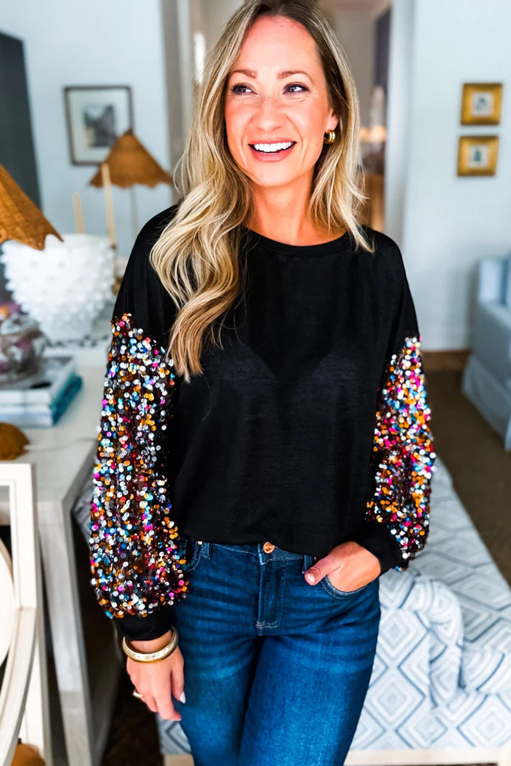 Black Contrast Sequined Sleeve Round Neck Top