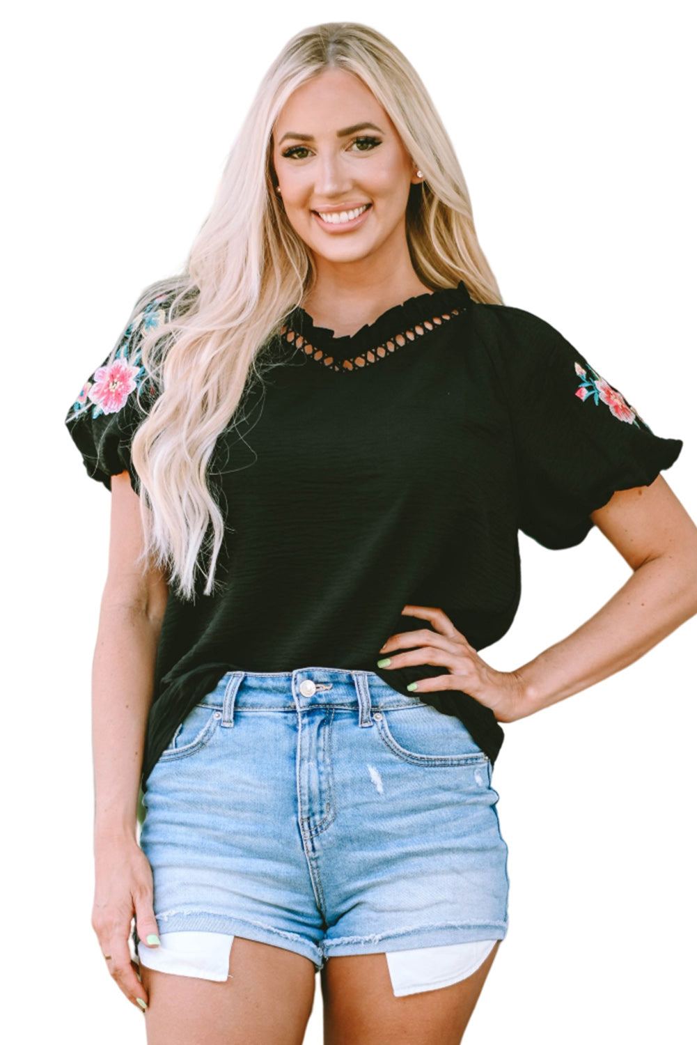 Elegant Black Floral Embroidered V-Neck Bubble Sleeve Top