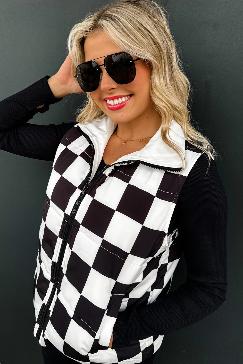 Black Checkered Print Quilted Detail Zip Up Winter Vest