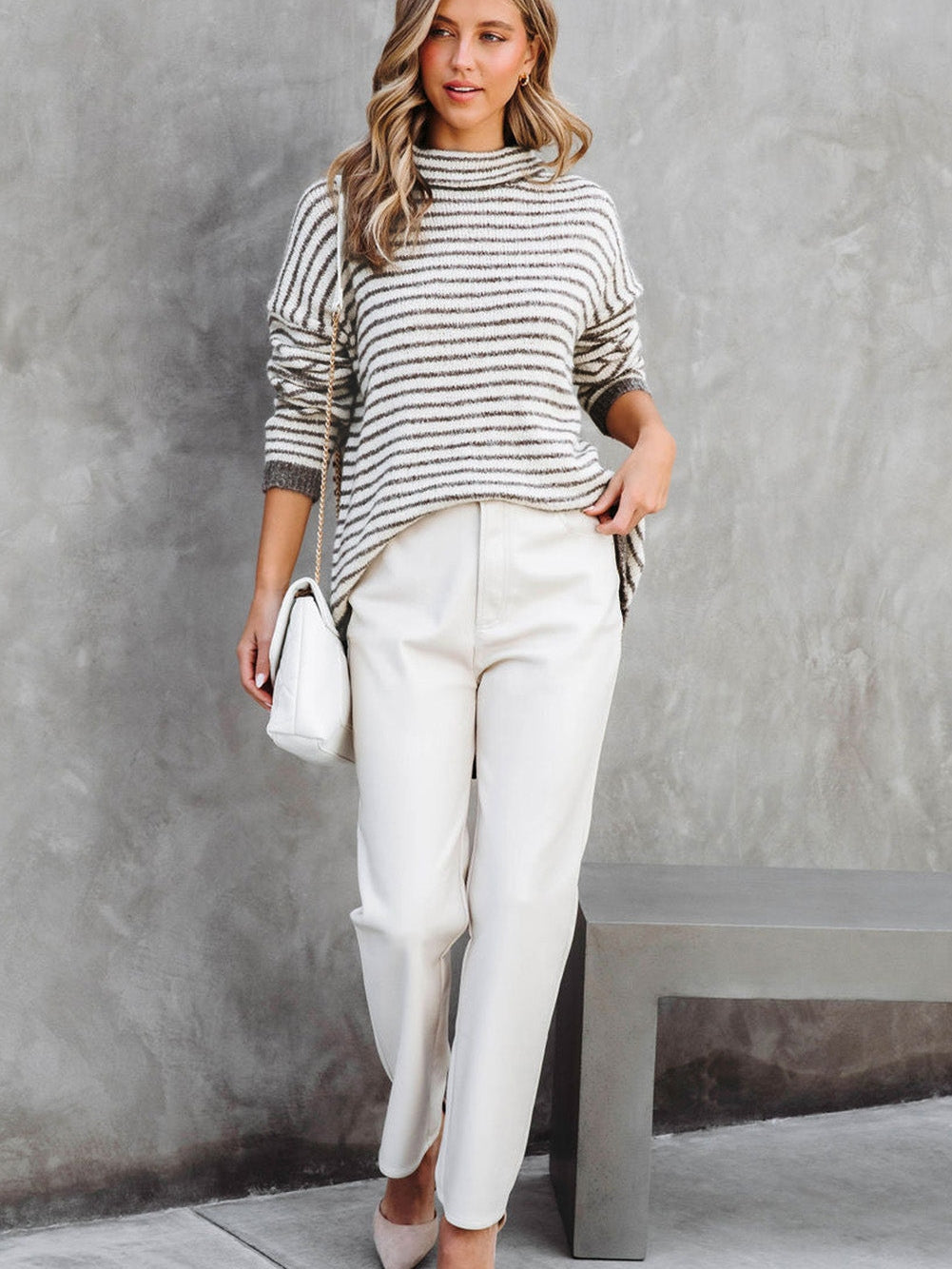 Khaki Striped Turtleneck Knit Sweater for Women