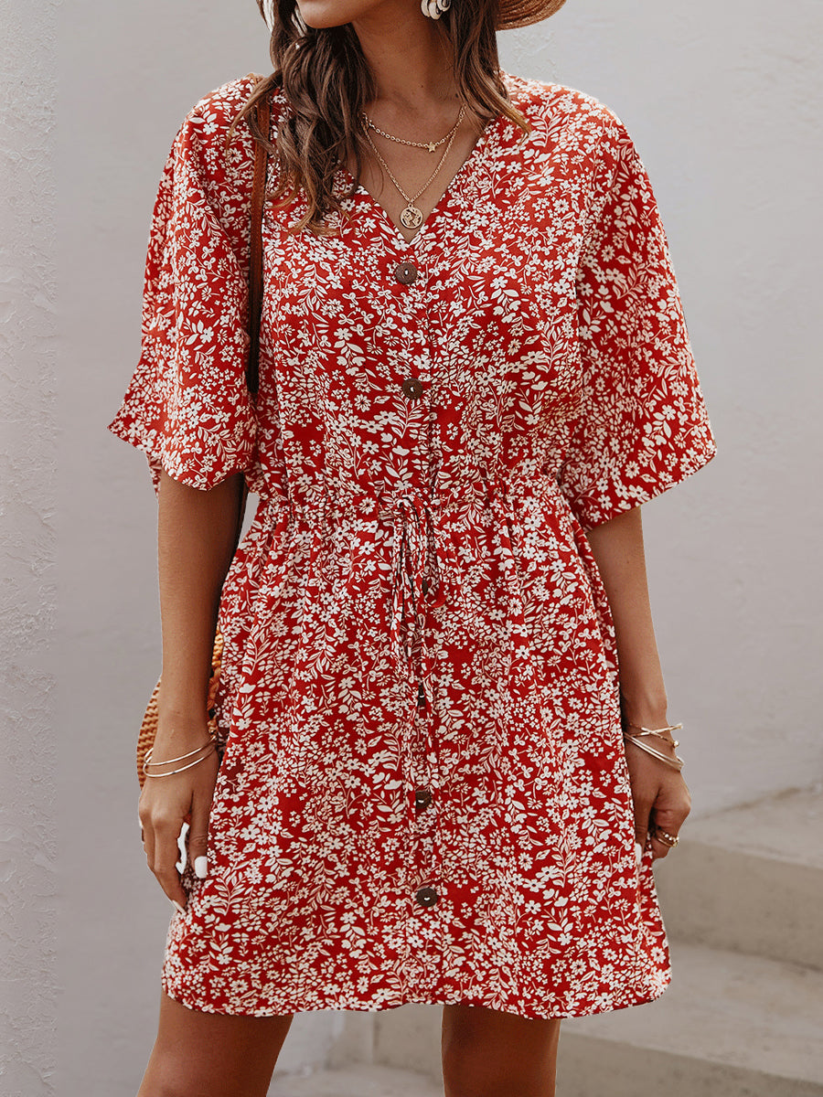 Mini Dresses - V-Neck Single-Breasted Button Printed Pattern Floral Mini Dress - MsDressly