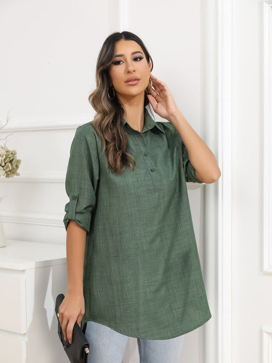 Large Size Loose Solid Color Button Long Sleeve Blouse