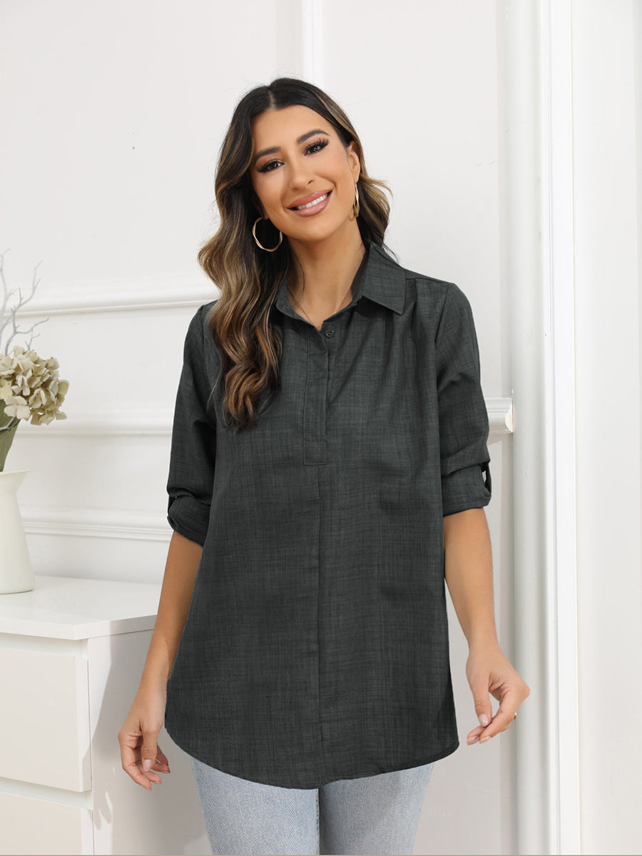 Blouses - Large Size Loose Solid Color Button Long Sleeve Blouse - MsDressly