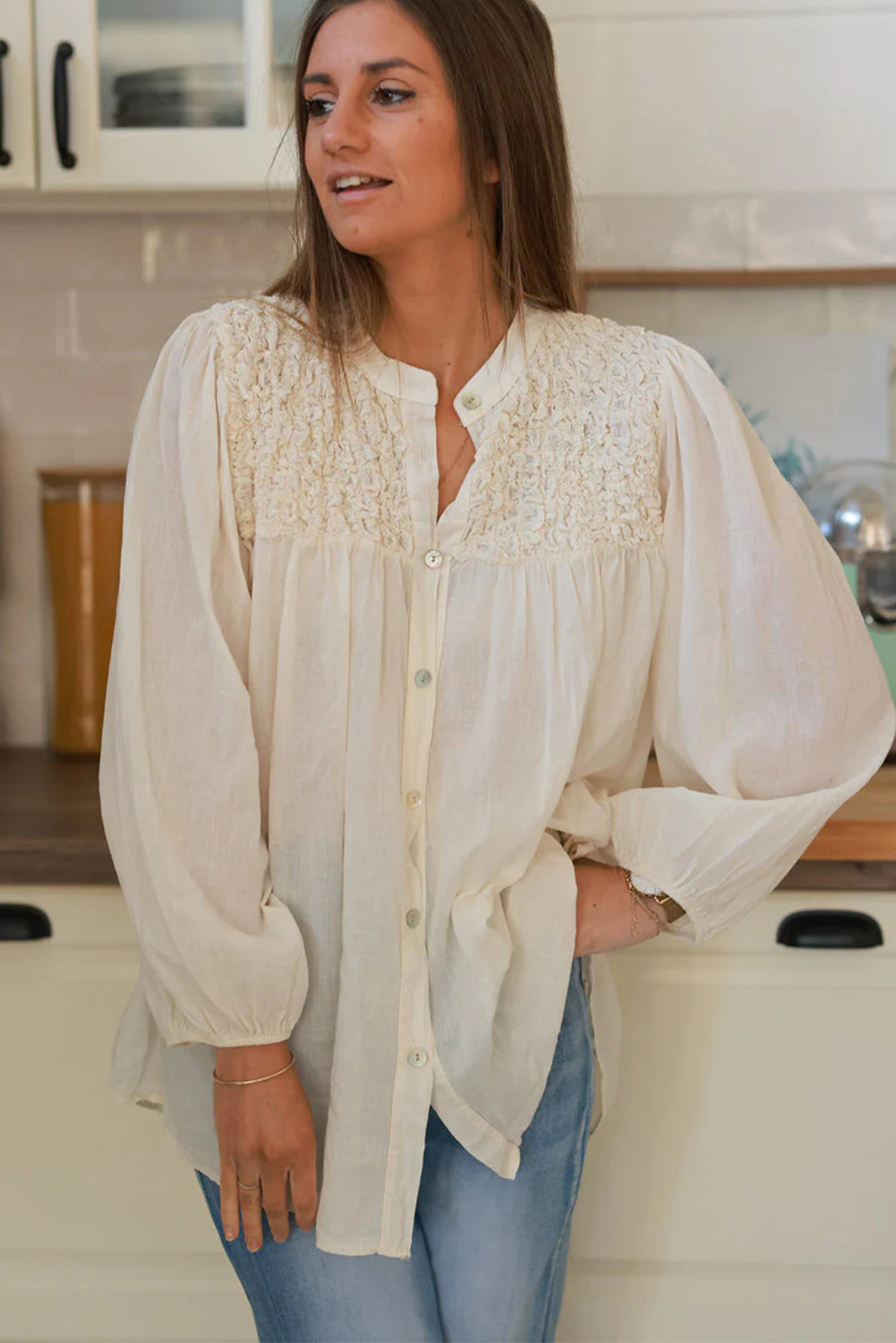 Beige Smocked Chest Elastic Cuffs Loose Sleeve Floaty Blouse