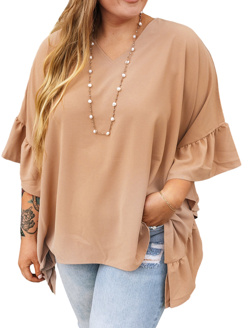 Elegant Smoke Gray Plus Size V Neck Blouse with Ruffled Batwing Sleeves