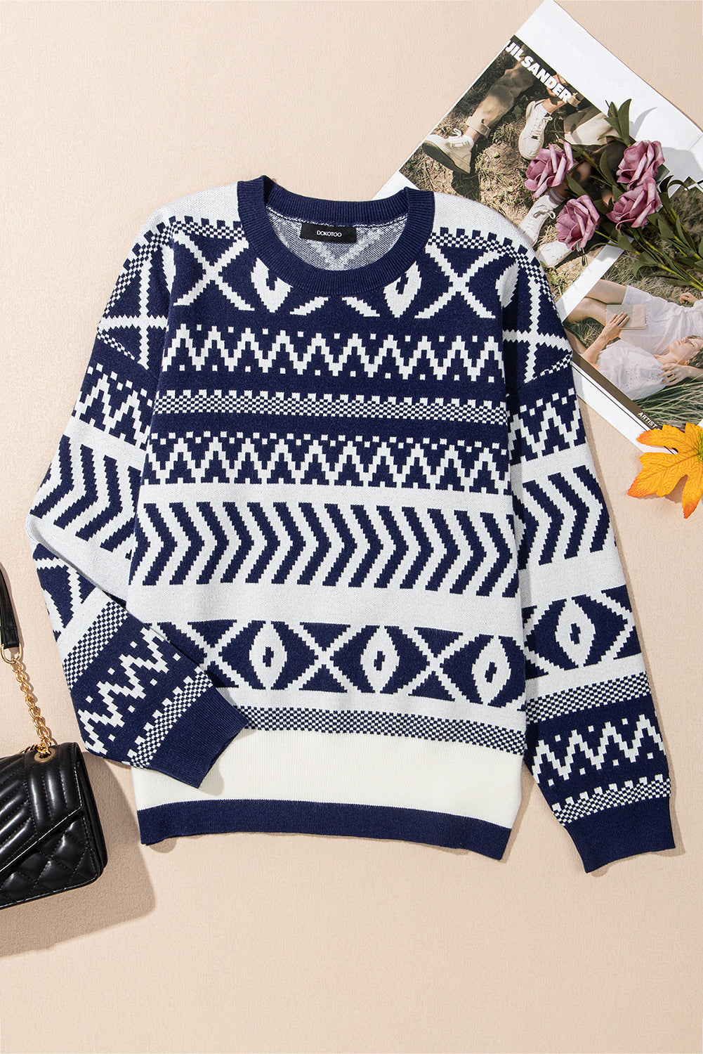 Navy Blue Abstract Print Pullover Sweater