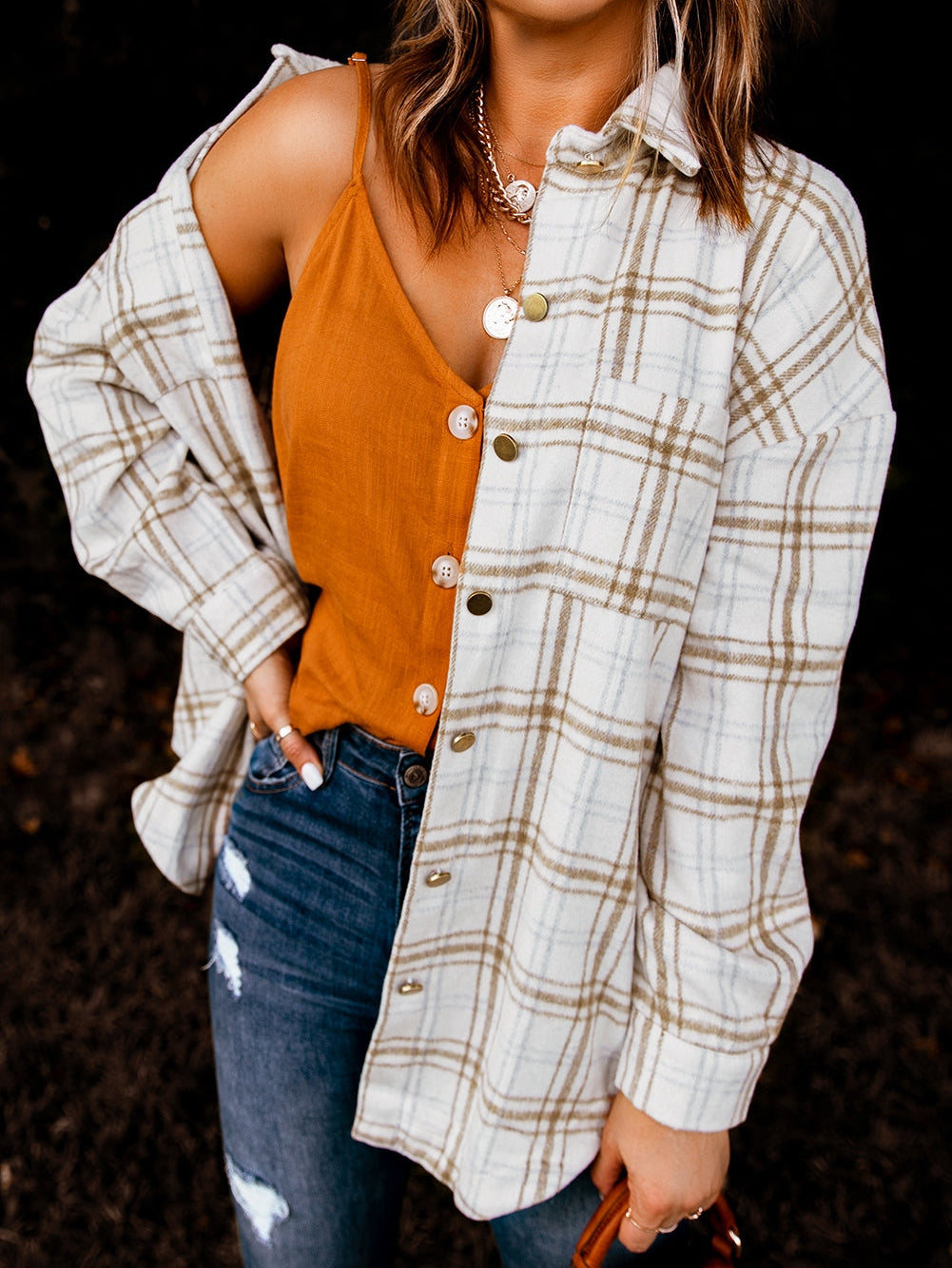 Khaki Plaid Button-Up Shirt Jacket with Side Slits