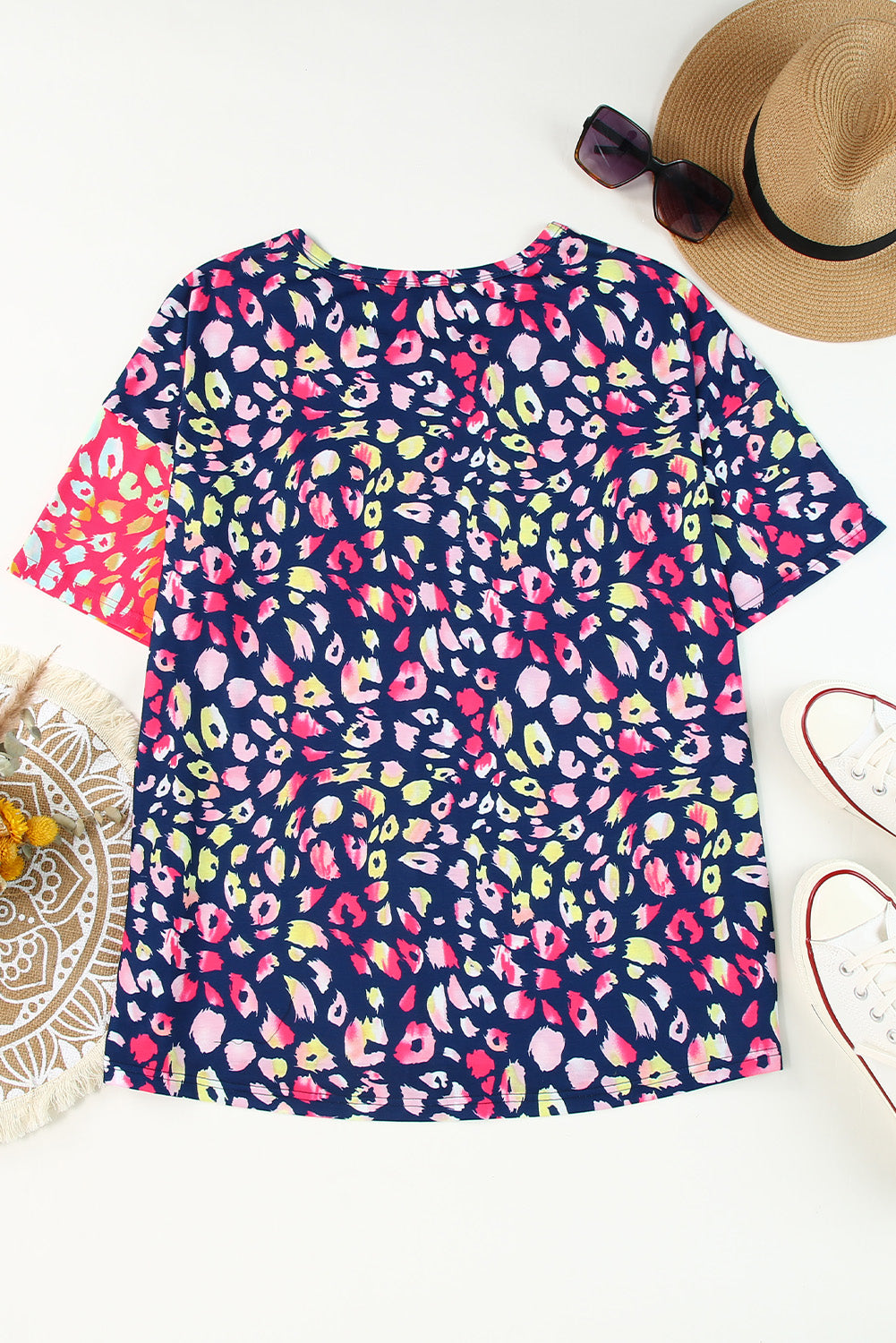 Leopard Patchwork Crew Neck Plus Size Tee