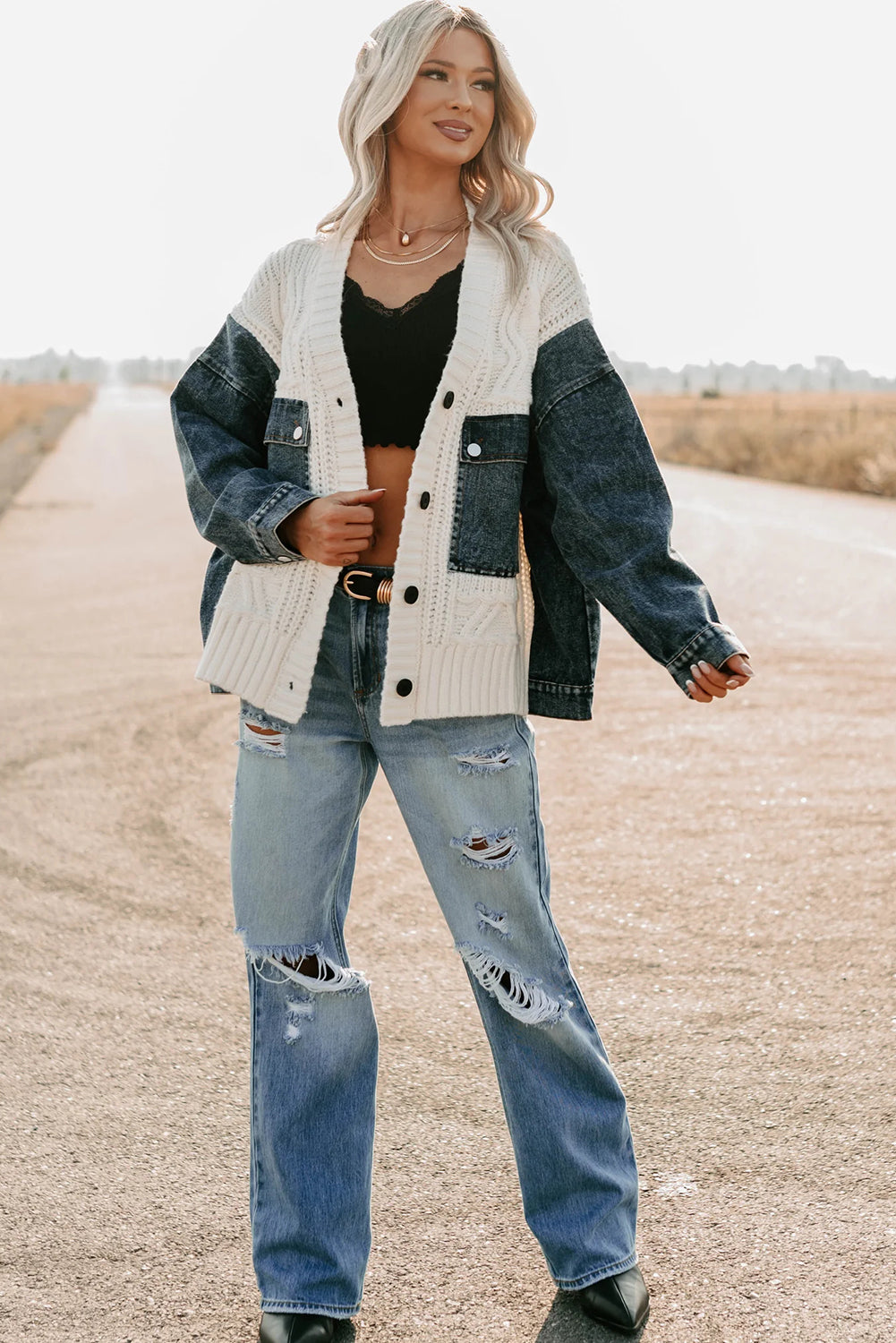 Beige Chunky Knit Denim Patchwork Cardigan Sweater