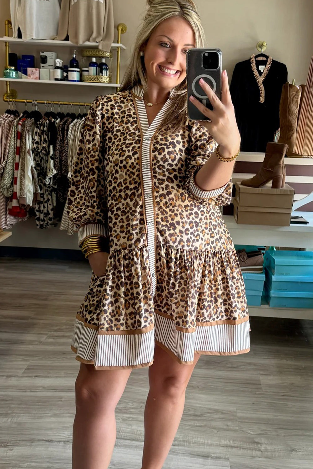 Khaki Leopard Print Striped Patchwork V Neck Button Front 3/4 Sleeve Mini Dress