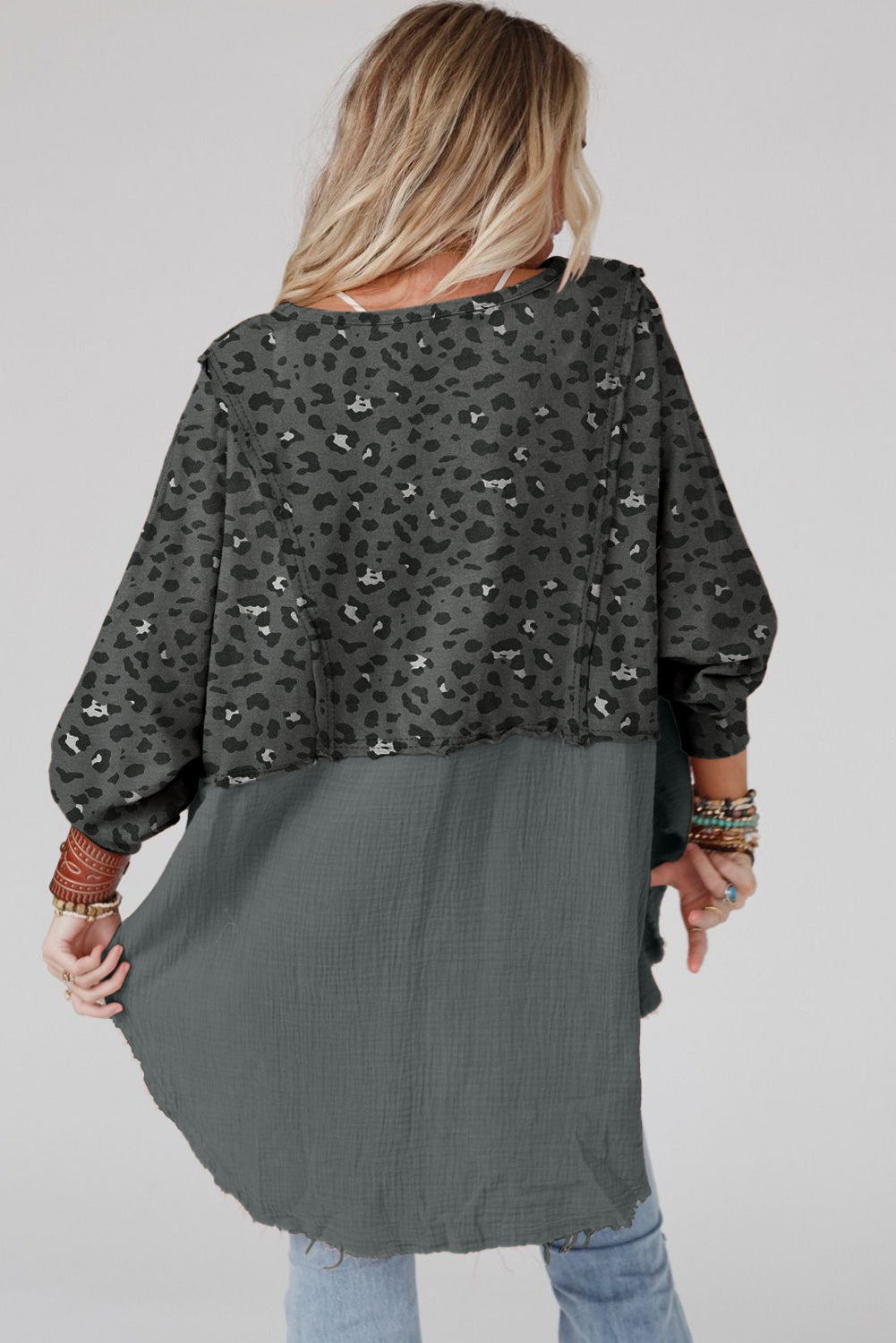 Leopard Patchwork Oversized Grey Blouse with Raw Hem