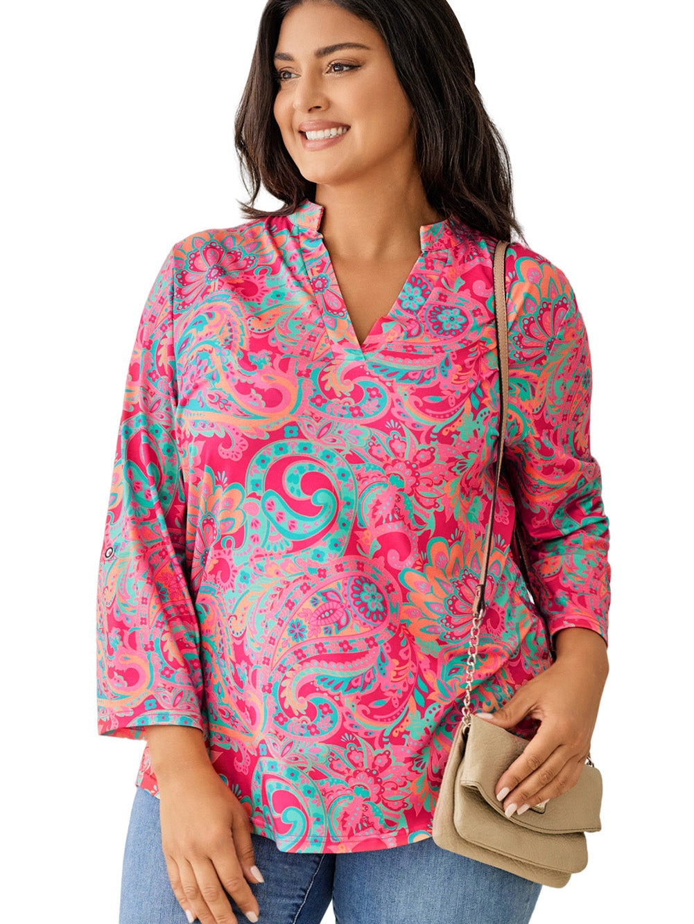 Rosy Paisley Print V Neck Shift Blouse for Plus Size Comfort